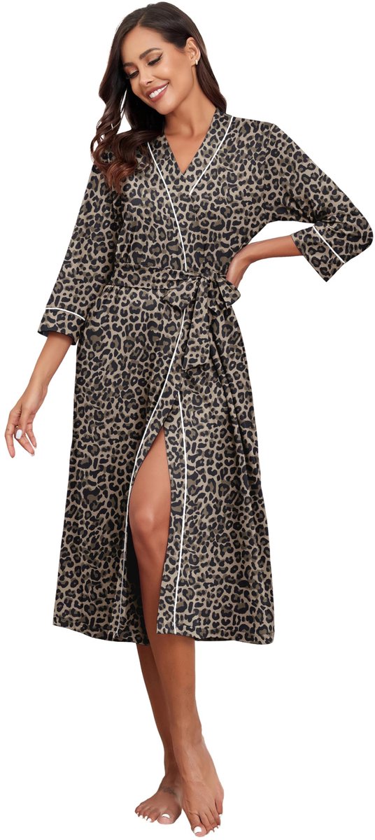 SnelShoppen - Dames Badjas Kimono met 3/4 Mouwen, Lichte Lange Nachtkleding, Casual Loungewear, Saunamantel in Luipaard Grijs, M