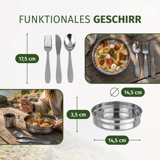 Moritz Camping Kookset 7-delig RVS - Kampeerservies met 2 Pannen, Bord, Beker en Bestek - Stapelbaar en Lichtgewicht voor Kamperen, Wandelen, Trekking en Picknick — afbeelding 3