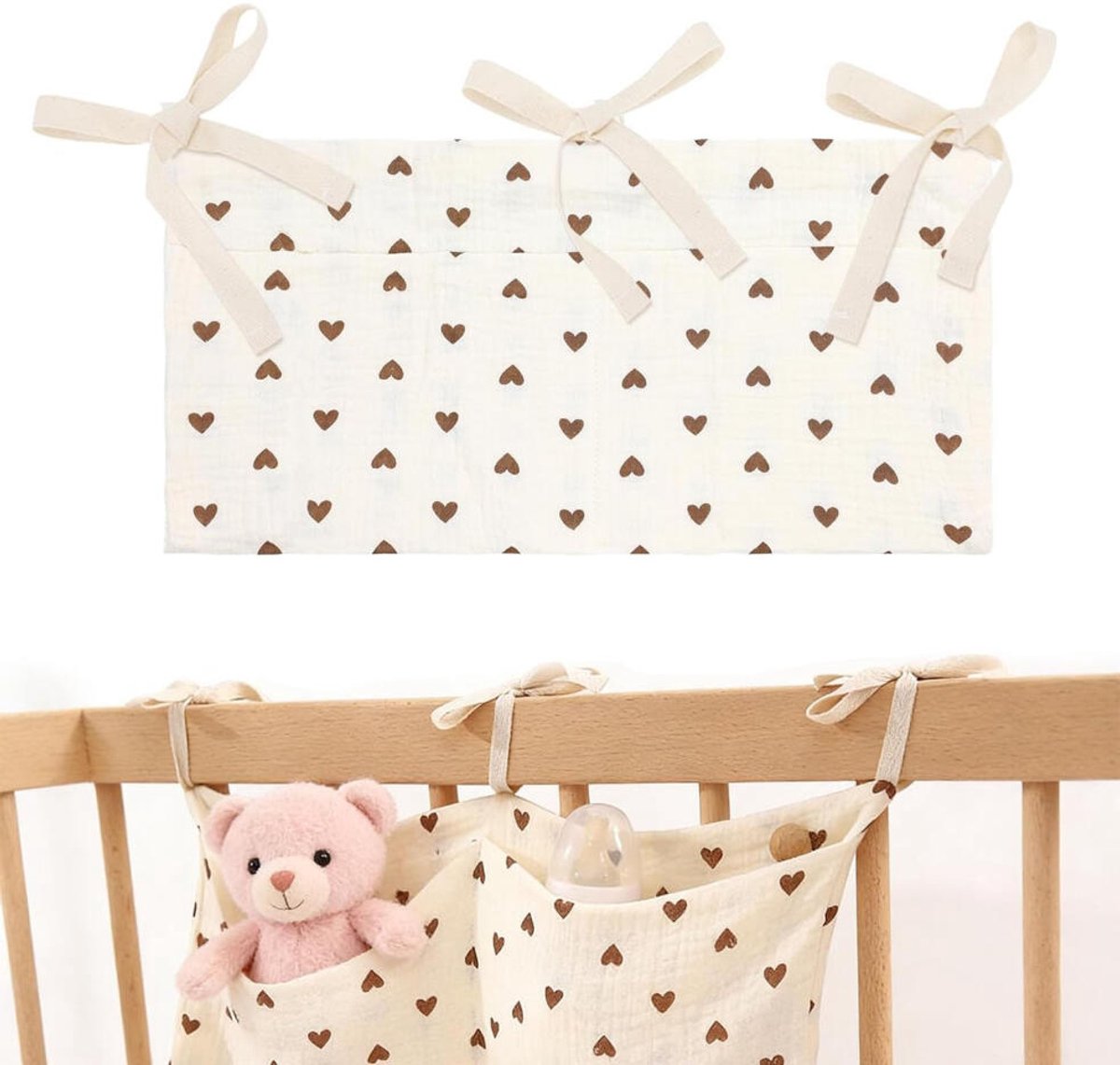 Baby Boxzak Organiser - Boxopbergzak - 20x39 cm - Box organizer - Katoen - Luiertas - Commode - Kinderwagen Organizer - Opbergzak, Speelgoedzak - Boxopbergtas - Buggy tas Organizer - Boxopberger - voor Box, Ledikant & Peuterbed - Beige hart