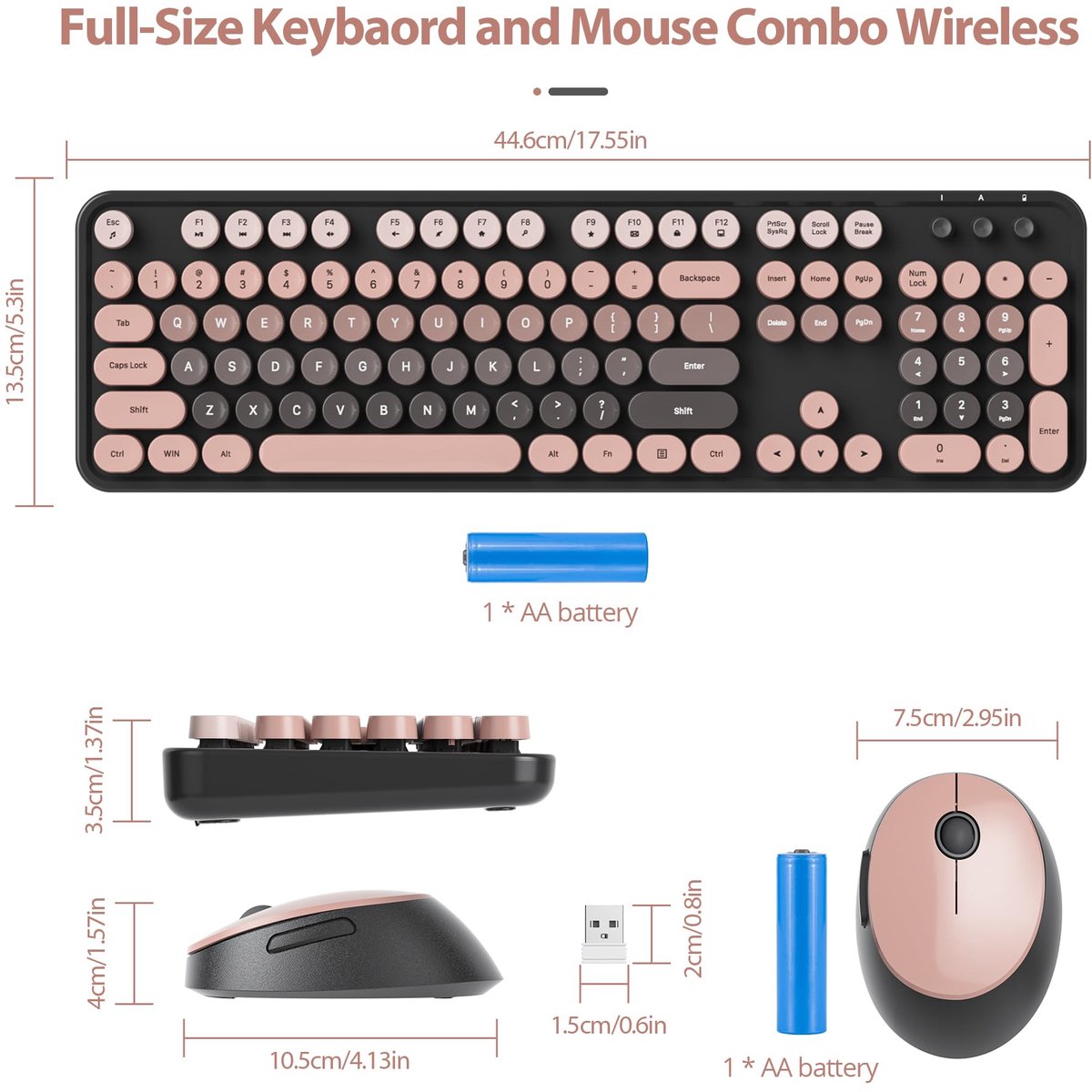 SnelShoppen - Draadloos Toetsenbord en Muis Set, Retro Typemachine Toetsenbord met Ronde Toetsen, 2.4GHz Ergonomisch met Numeriek Keypad, 104-Toetsen thumbnail 6
