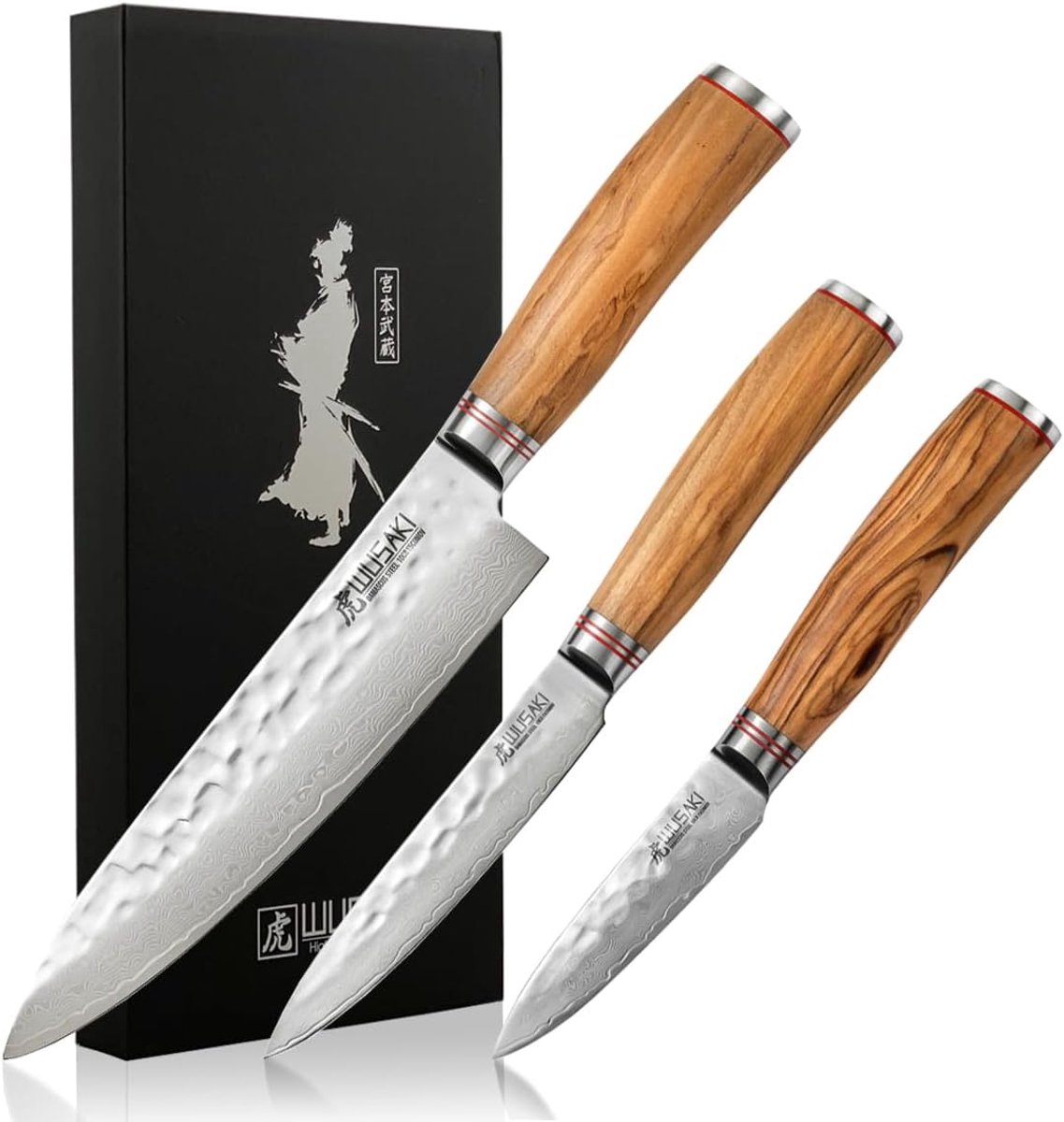SnelShoppen - Damascus 10Cr Keukenmessen Set 3-delig: Chef-kok, Universeel & Kantoor, Olijfhouten Handgrepen, Perfect voor Koken, Cadeau Idee