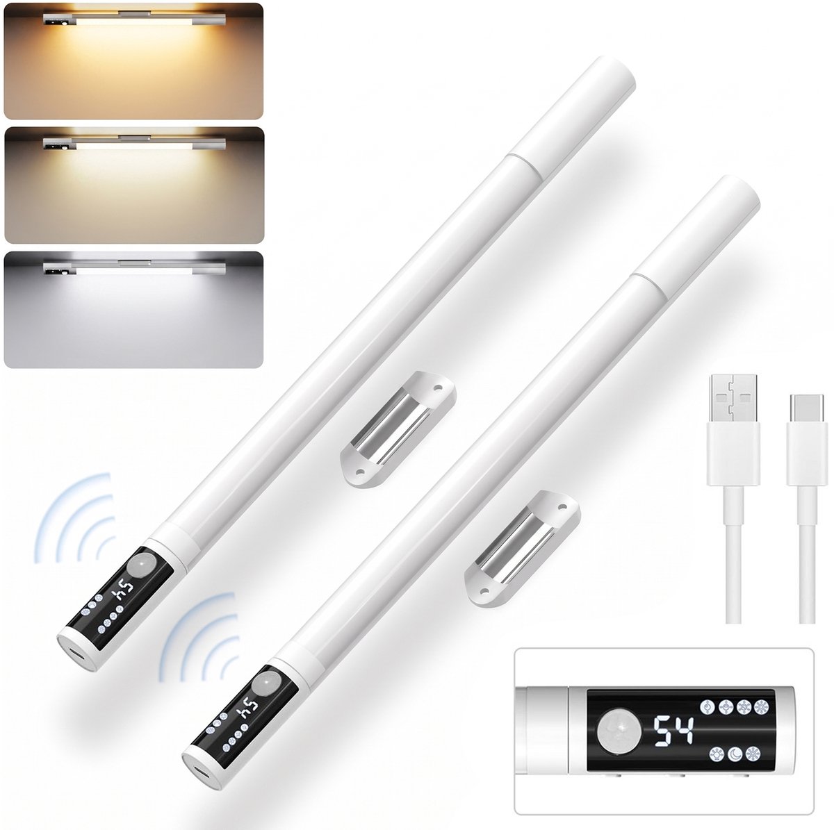 Rayofi - Kastverlichting - Verlichting met bewegingssensor - Met digitaal display - Draadloze kastverlichting - USB oplaadbare LED-lampen - Draadloze LED-lampen - Inbouwkasten - Kasten - Oplaadbare LED-strips - Gangpaden - Trappen (wit)- Set van twee