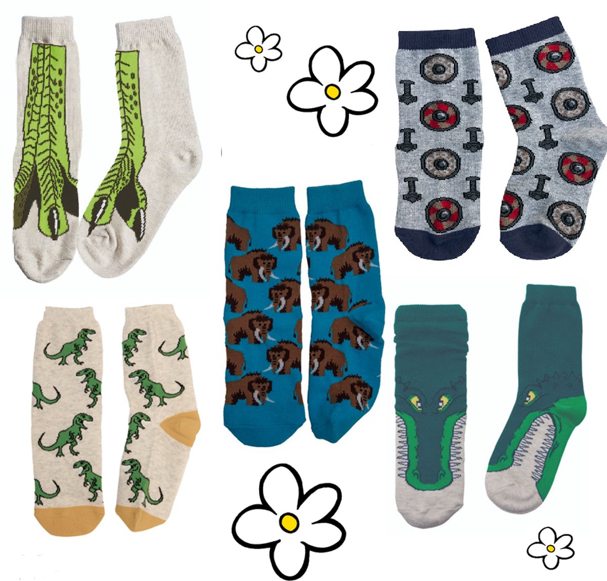 Nature Planet -kindersokken - set van 5 paar sokken - dinosaurus - mammoet - krokodil - t-rex poot - viking (100% Oeko-tex gecertificeerd) maat 29-34