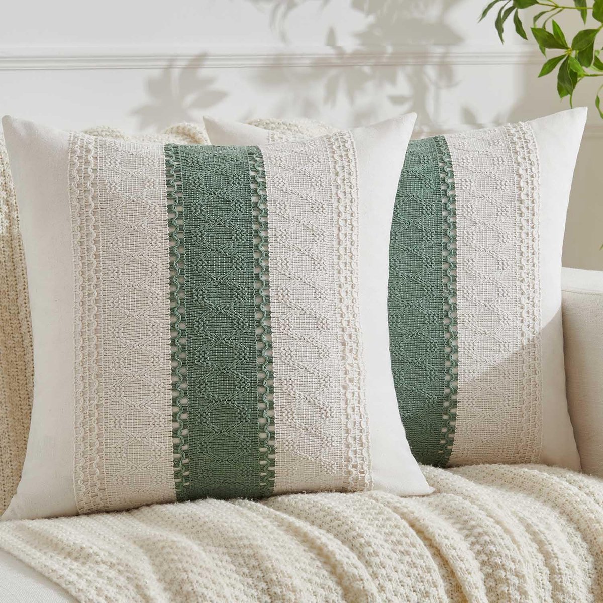 SnelShoppen - Kussensloop 40 x 40 cm - Saliegroen Boho Macramé Katoen Linnen - Set van 2 Kussenhoezen voor Bank en Woonkamer - Moderne Sierkussens in