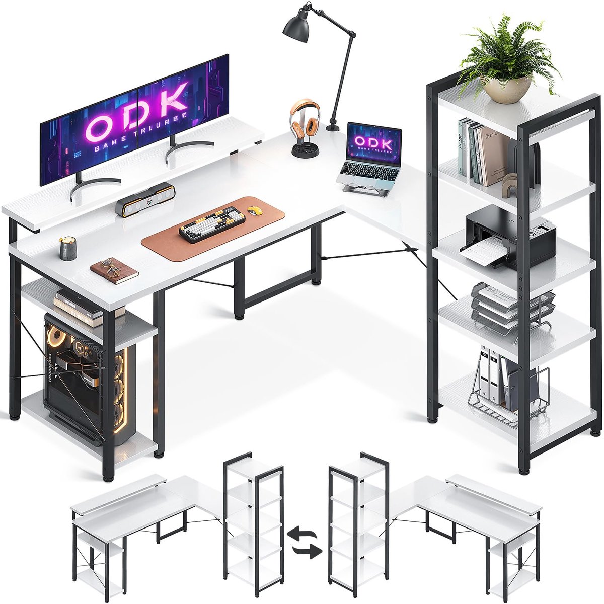 SnelShoppen - ODK Hoekbureau Wit met Boekenkast, L-vormig Bureau met Monitorstandaard voor Thuiswerkplek, 140x137x139,5 cm - Ideaal voor Computertafel