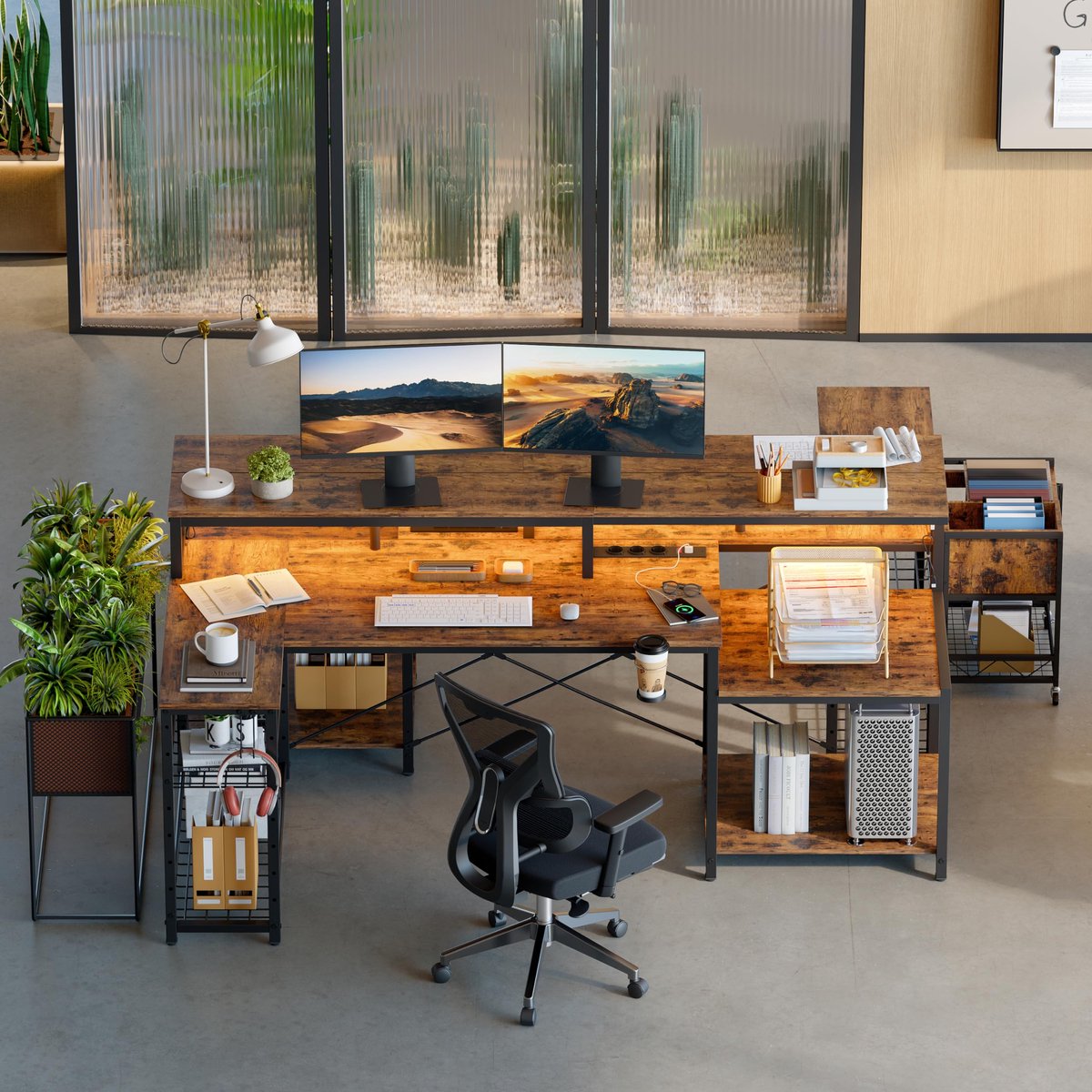 SnelShoppen - Bestier Gamingtafel 181 cm met LED-verlichting, Gamingbureau met 3 AC-stopcontacten en 2 USB-oplaadaansluitingen, Royale Computertafel v