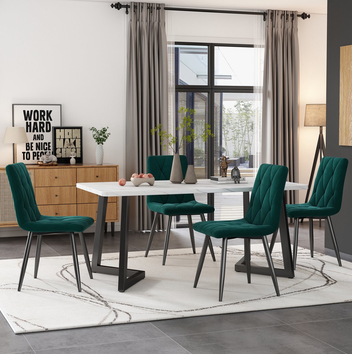 MEUNIQ eettafel met 4 stoelen set 117 x 68 cm, rechthoekige eettafel met fluwelen eetkamerstoelen, zwarte metalen poten, modern voor eetkamer of keuken