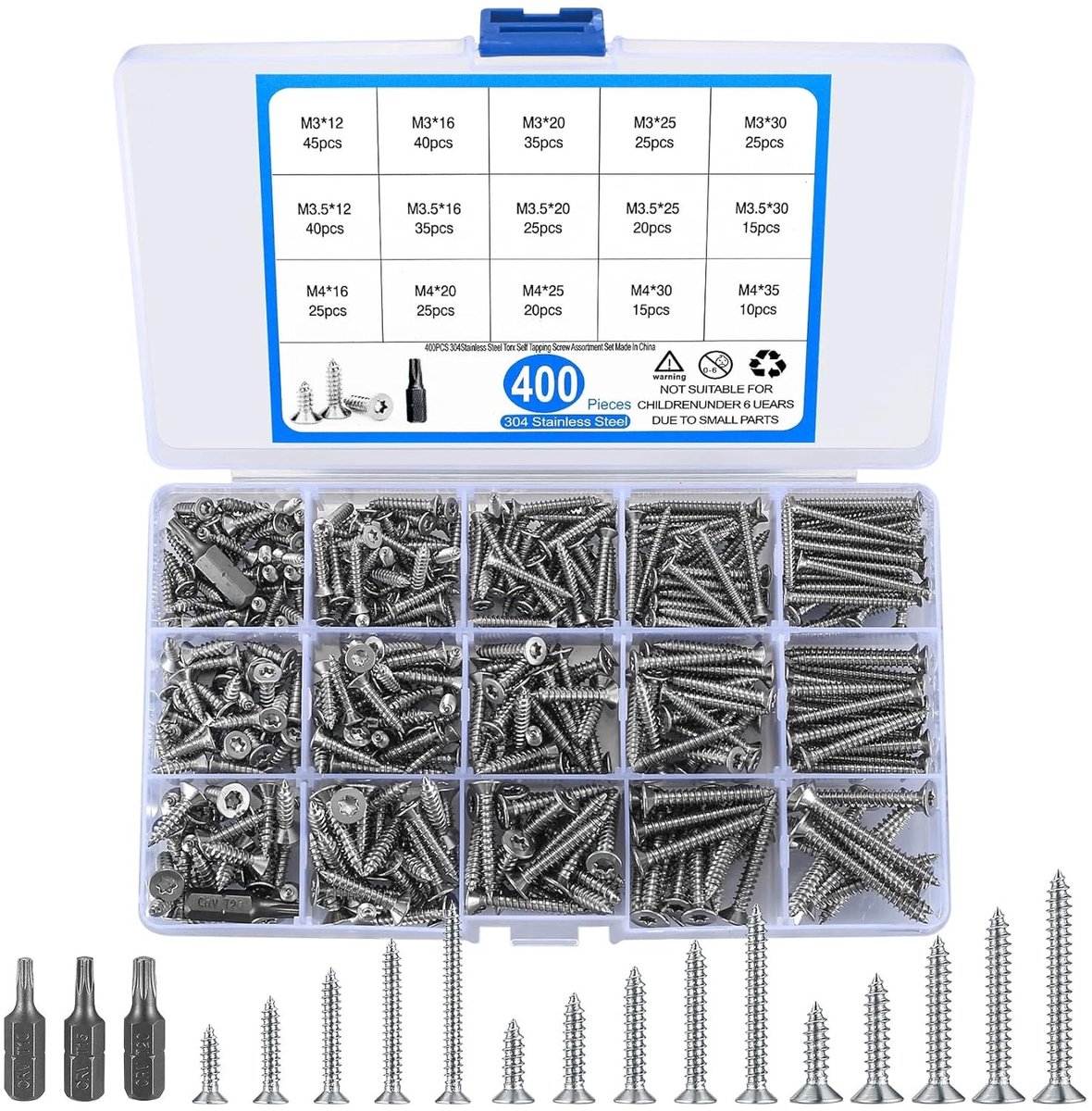 400 Stuks Zelftappende Schroeven Assortiment - Korte Platkop Torx Bevestigingsschroeven