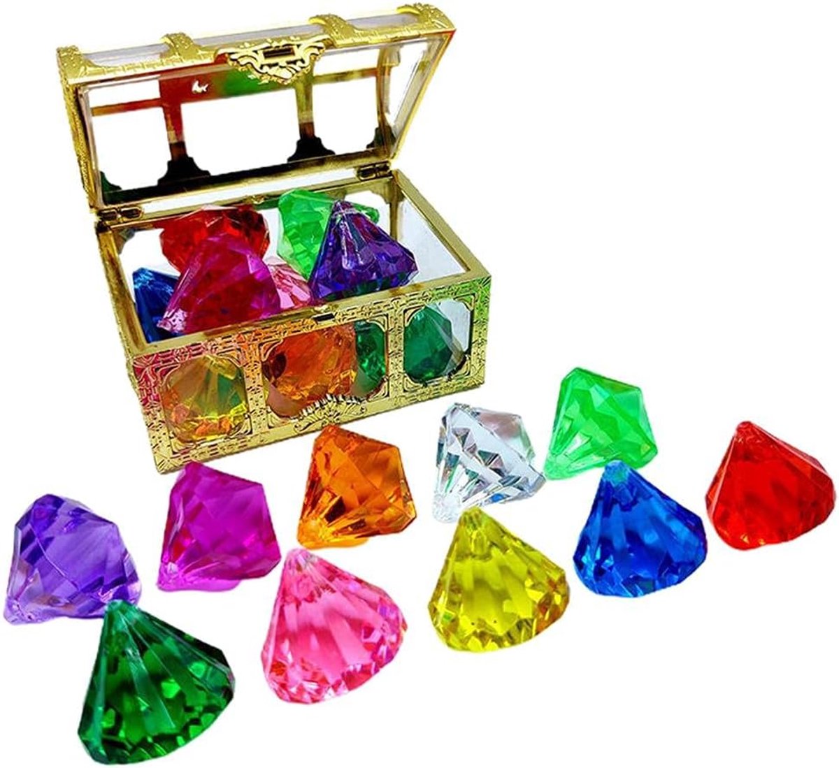SnelShoppen - 10 stuks kleurrijke duikedelstenen zwembad speelgoed, diamant set met schat piraat doos, ideaal voor kinderen, onderwater zwemmen, feest