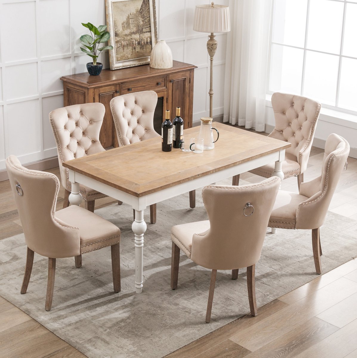 MEUNIQ Beige eetkamerstoel set van 6 - velvet gestoffeerd, hoge rug met knoopdetails en ronde trekdop, zonder armleuningen, voor eetkamer en woonkamer