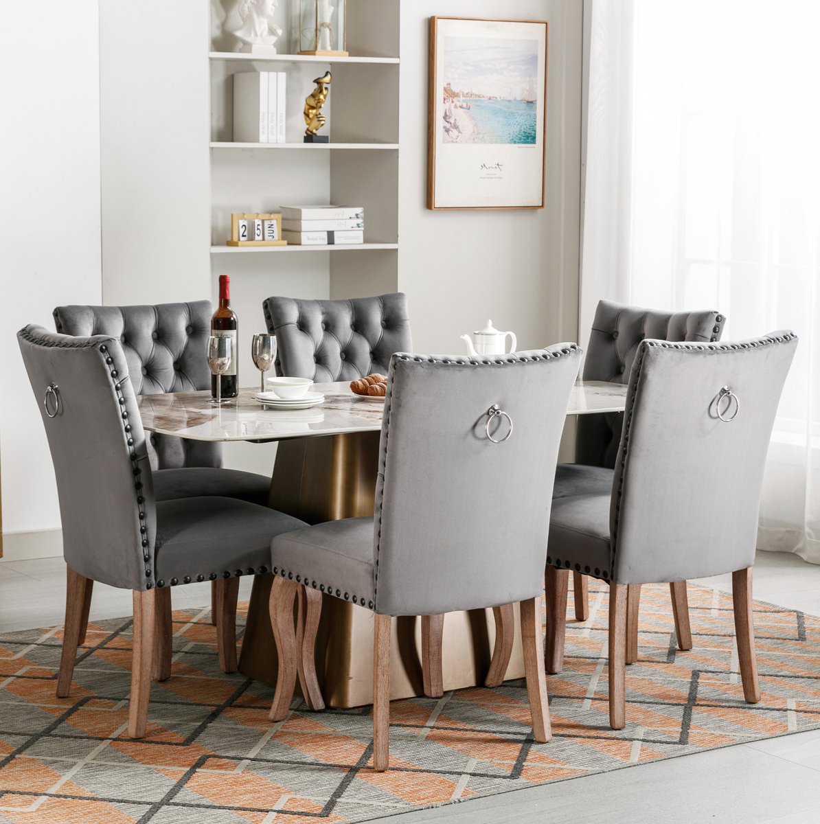 MEUNIQ eetkamerstoel set van 6, grijze velvet eetkamerstoelen met gecapitonneerde rugleuning, metalen ring en houten poten voor eetkamer