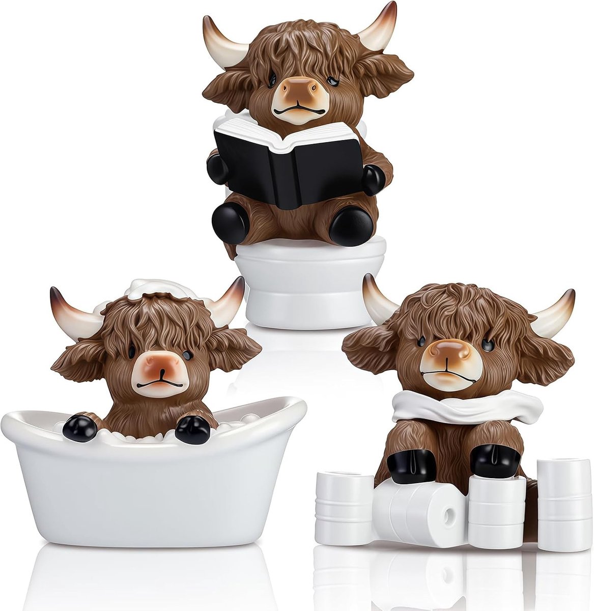 Set van 3 Hoogland Rund Beelden voor Badkamer en Toilet Decoratie - Schotse Resin Figuren voor Thuis, Tuin en Werkplek