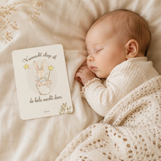 Baby slaapt naast een kaart met een konijn in een mandje, met de tekst ' vannacht sliep ik de hele nacht door '.