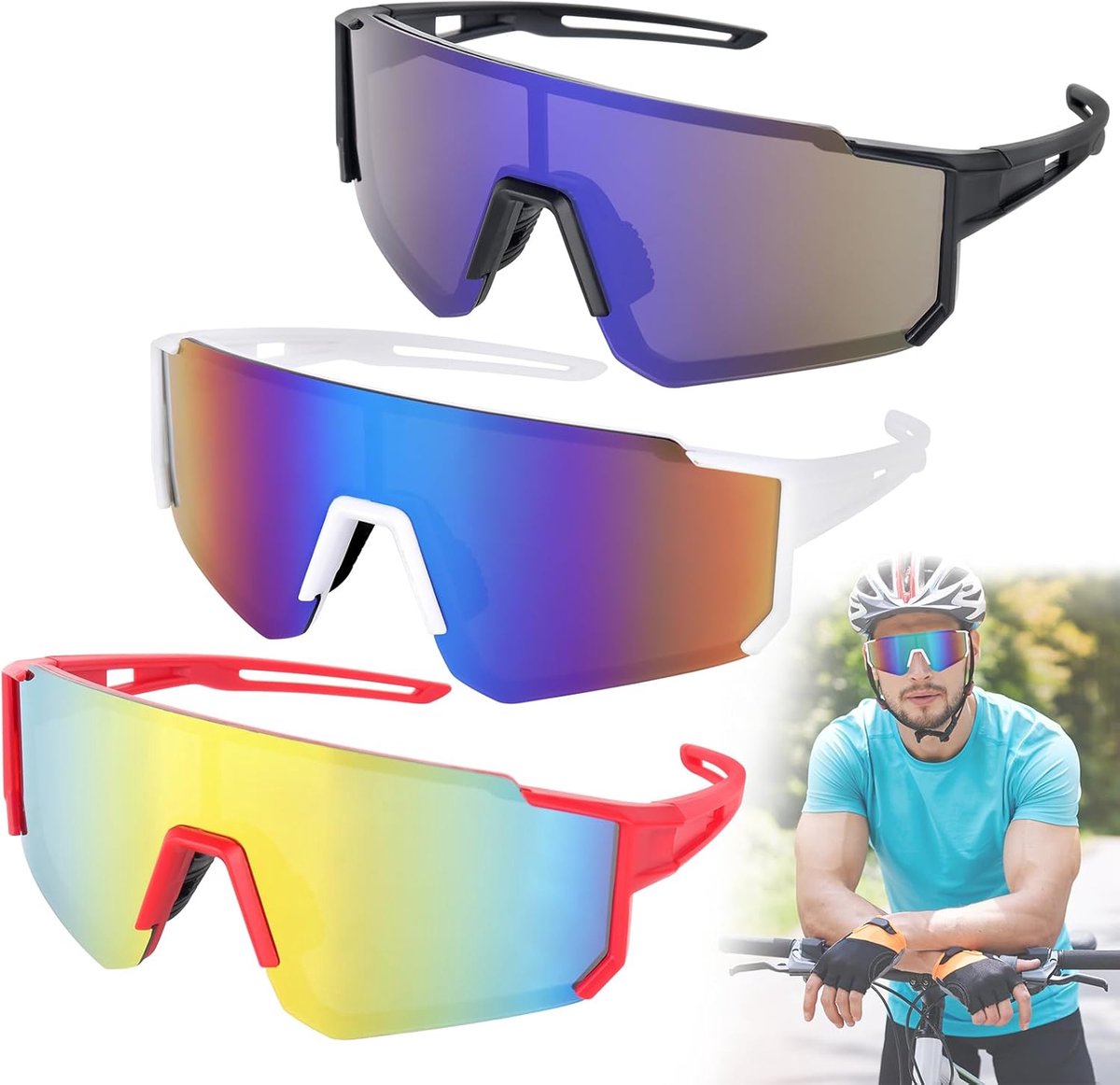 Sportzonnebril Gepolariseerd – Set van 3 – UV400 Fietsbril – Winddichte Veiligheidsbril voor Dames en Heren – Geschikt voor Fietsen, Hardlopen en Outdoor Sport
