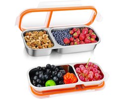 VHV - Broodtrommel - RVS Snackbox met 2 Vakken en Lekvrij Klikdeksel - Voor School, Werk en Picknick - Oranje
