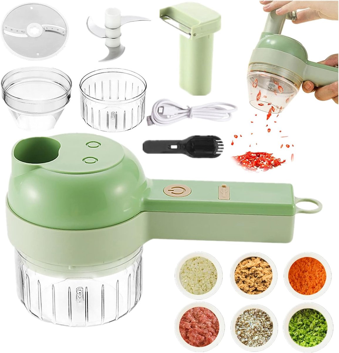 Elektrische hakmolen - Groentehakmolen - Voedselhakmolen - Multifunctioneel - Oplaadbaar - Gemakkelijk schoon te maken - Gemakkelijk te gebruiken - Geschikt voor het hakken van knoflook, uien, paprika's en andere ingrediënten - Lichtgroen