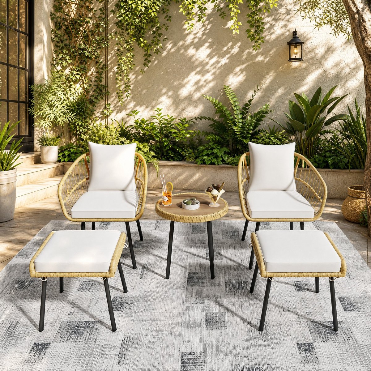 MODENUIT Loungeset 5-delig - 2 Stoelen, 2 Hockers En Tafel - Voor Tuin En Terras - Rattan - Wit Naturel
