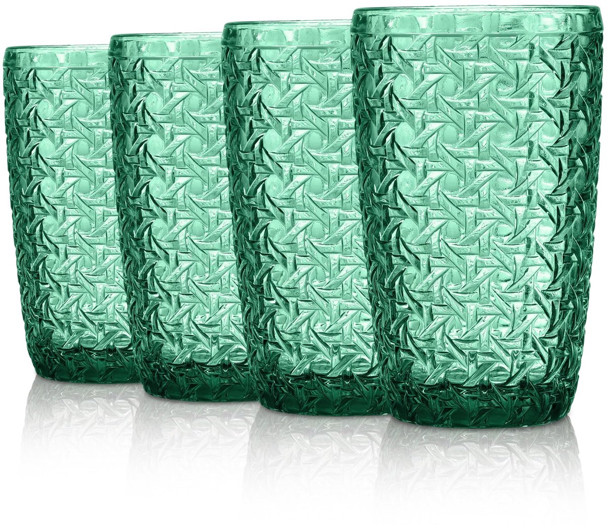SnelShoppen - Set van 4 Groene Drinkglazen 380 ml met Reliëfdesign - Vaatwasmachinebestendige Longdrinkglazen voor Feest, Tuin, Keuken en Camping
