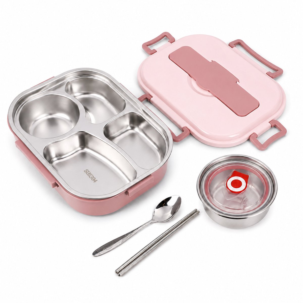 VHV Lunchbox - Lunchbox met 4 compartimenten - Lunchbox Roestvrij Staal - Lekvrije lunchbox- Vaatwasserbestendig - Voor Werk en School - Roze