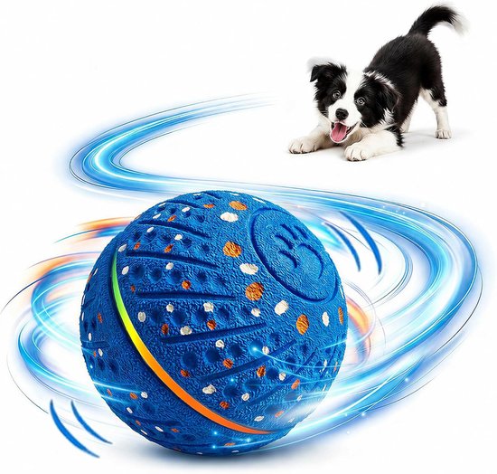 Blauwe, interactieve bal voor honden met oranje en witte stippen en een gekleurde band.