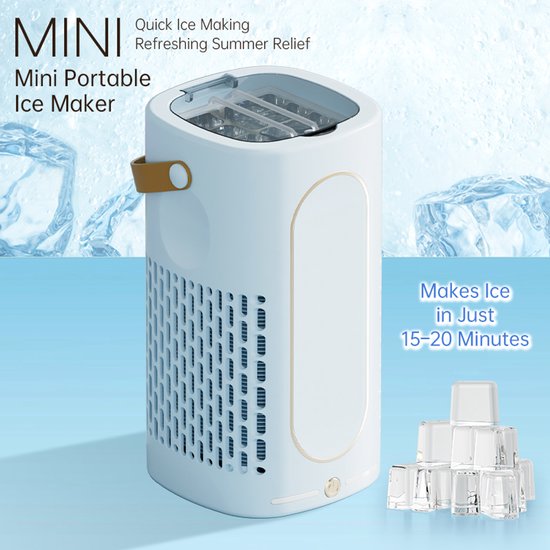 Draagbare mini-ijsmachine voor op tafel - Mini-ijsmaker - Snel ijs maken - Compact en klein - Met leren handvat - IJsblokjesmachine - Geschikt voor thuis, kantoor, kamperen, camper, feestjes en drankjes - Blauw — afbeelding 2