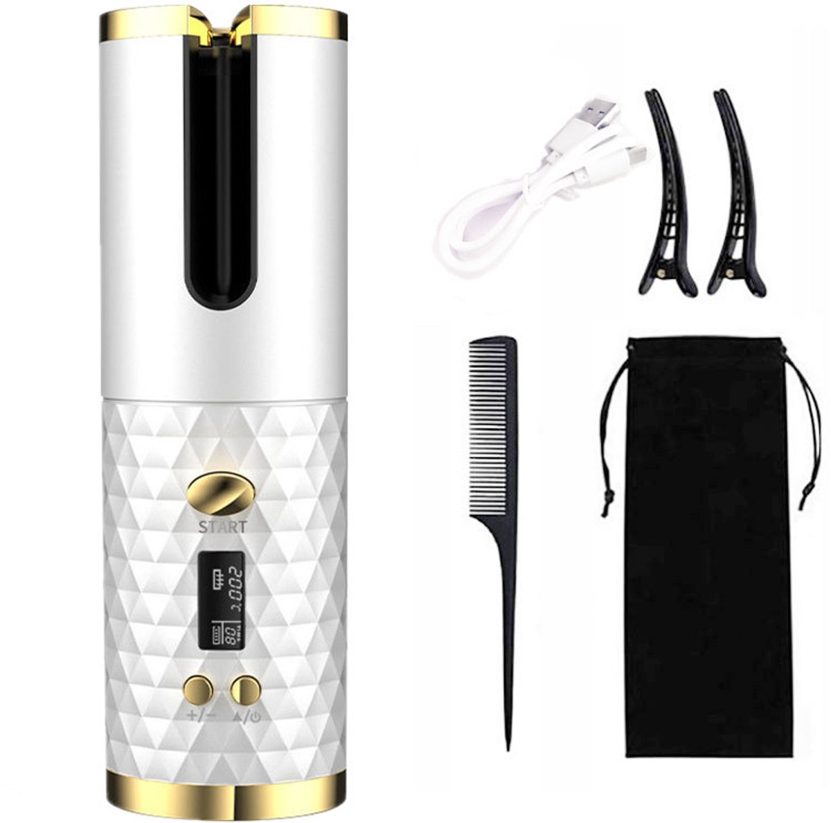 Draadloze automatische haarkruller - Deze draadloze automatische haarkruller heeft een ingebouwde batterij, is oplaadbaar via USB, is handig voor op reis en is een perfect cadeau voor vrouwen. (Wit)