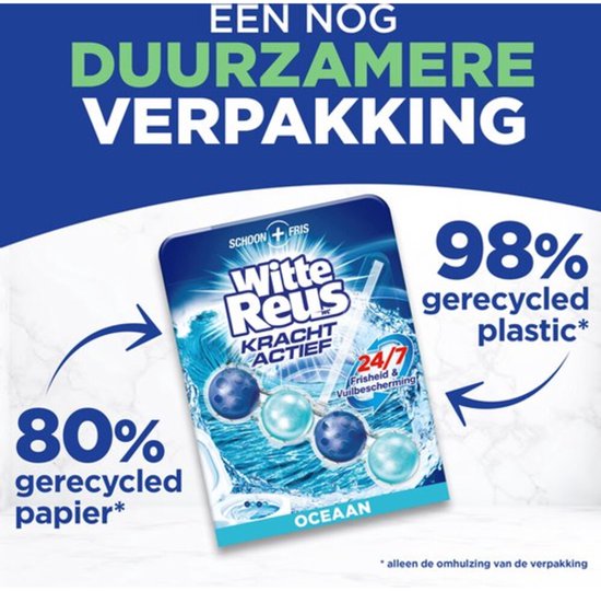 Witte Reus toiletblokken 'Oceaan': 80% gerecycled papier en 98% gerecycled plastic in de verpakking.