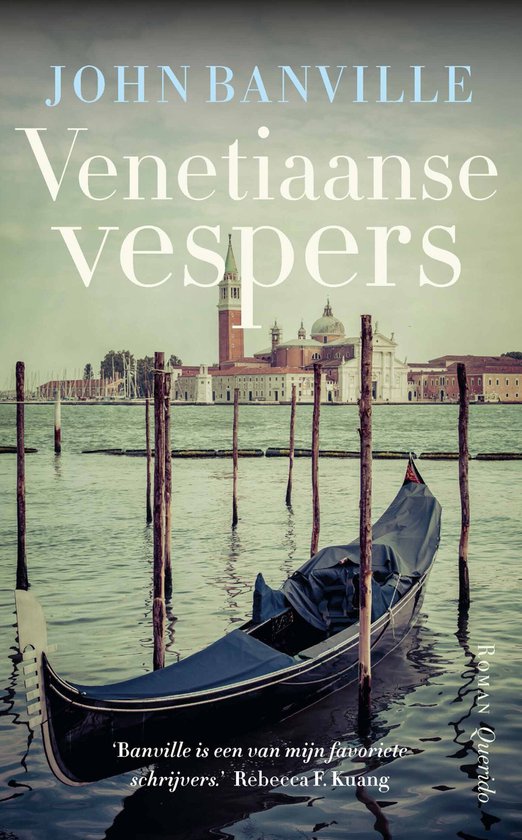 Boek 'Venetiaanse vespers' van John Banville. Een gondel in het water met Venetië en de Sint-Pietersbasiliek op de achtergrond.