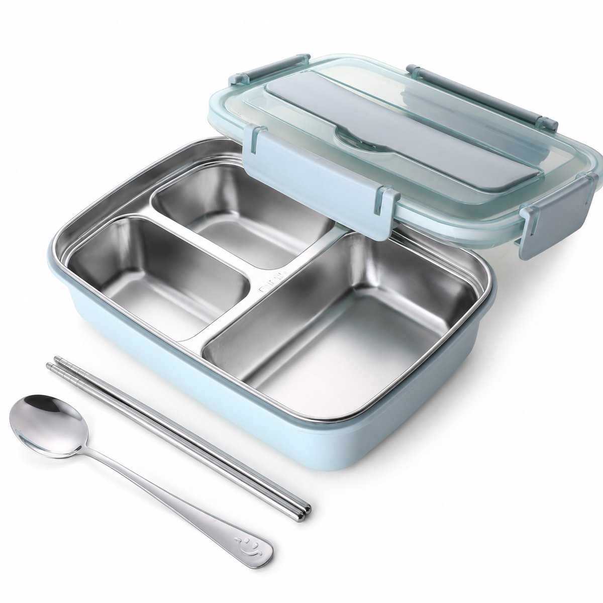 VHV - RVS Lunchbox met 3 Vakken - Lekvrije Bento Box met Deksel - Voor Kantoor, School en Reizen - Blauw
