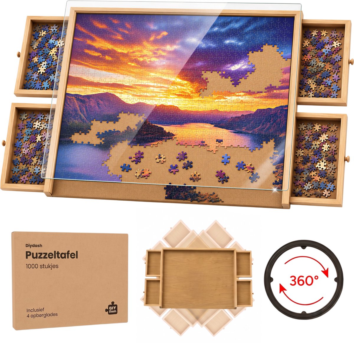Bol.com Diydash Draaibare Puzzeltafel - Met 4 sorteerlades - Voor 1000 stukjes - Puzzelplaat - Puzzel - Bord - Plank - Map - Mat... aanbieding
