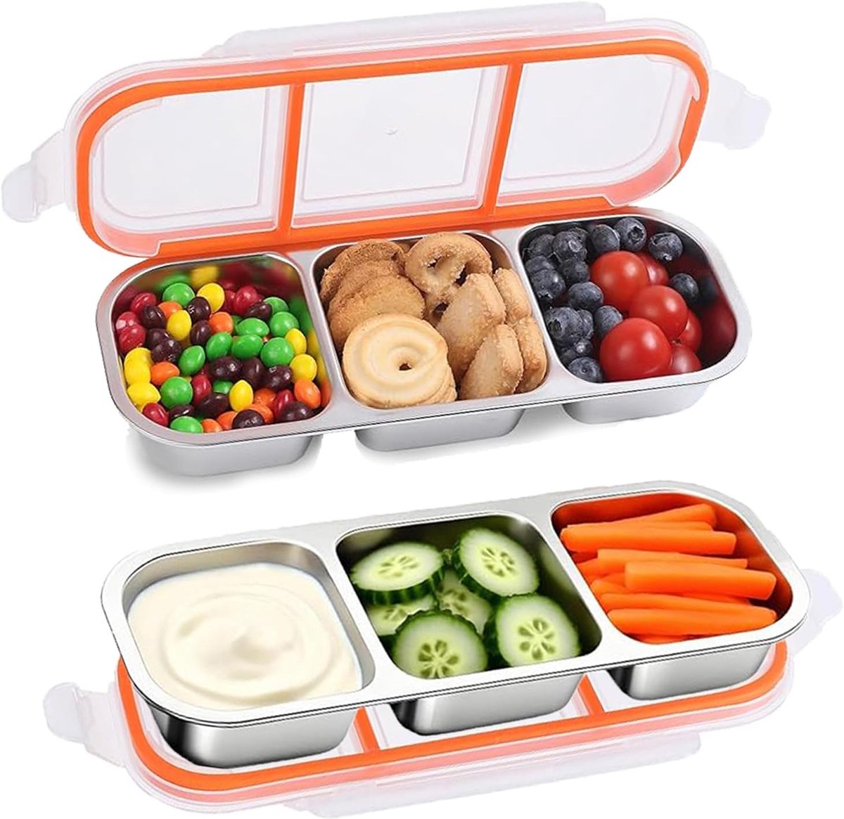 VHV - Broodtrommel - RVS Snackbox met 3 Vakken en Lekvrij Klikdeksel - Voor School, Werk en Picknick - Oranje