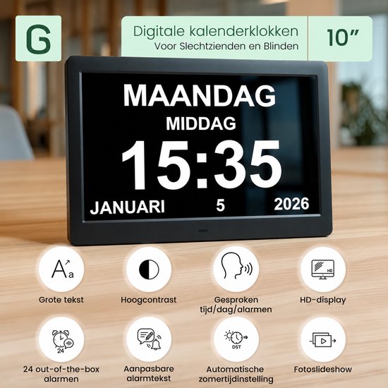 Geasy digitale kalenderklok van 10 inch voor slechtzienden en blinden, toont "MAANDAG MIDDAG 15:35 JANUARI 5 2026" met grote tekst en hoog contrast.