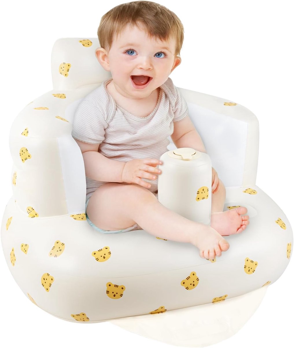 SnelShoppen - Opblaasbare Babystoel met Rugondersteuning voor Kinderen vanaf 3 Maanden, Zomer Babystoel voor Buiten, Tijgerkoppatroon, Ideaal voor Bab