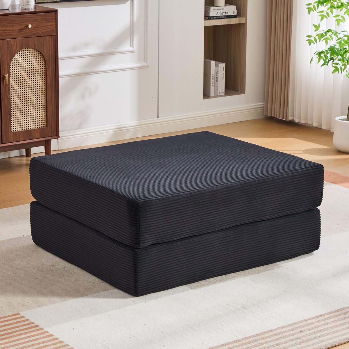 MODENUIT Voetenbankje – Opvouwbaar 109 x 95 x 43 cm – Stof – Zwart – Uitklapbaar Tot Slaapbank