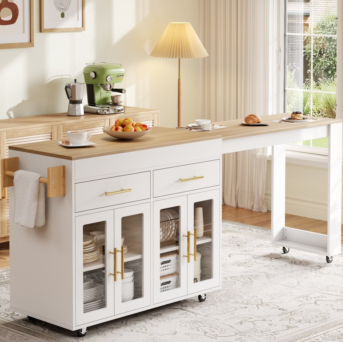DESMIU Keukeneiland - Uitschuifbaar Met Bartafel En Opbergruimte - Op Wielen Voor Keuken En Appartement - MDF - 132,5-217 x 50 x 93 cm - Wit