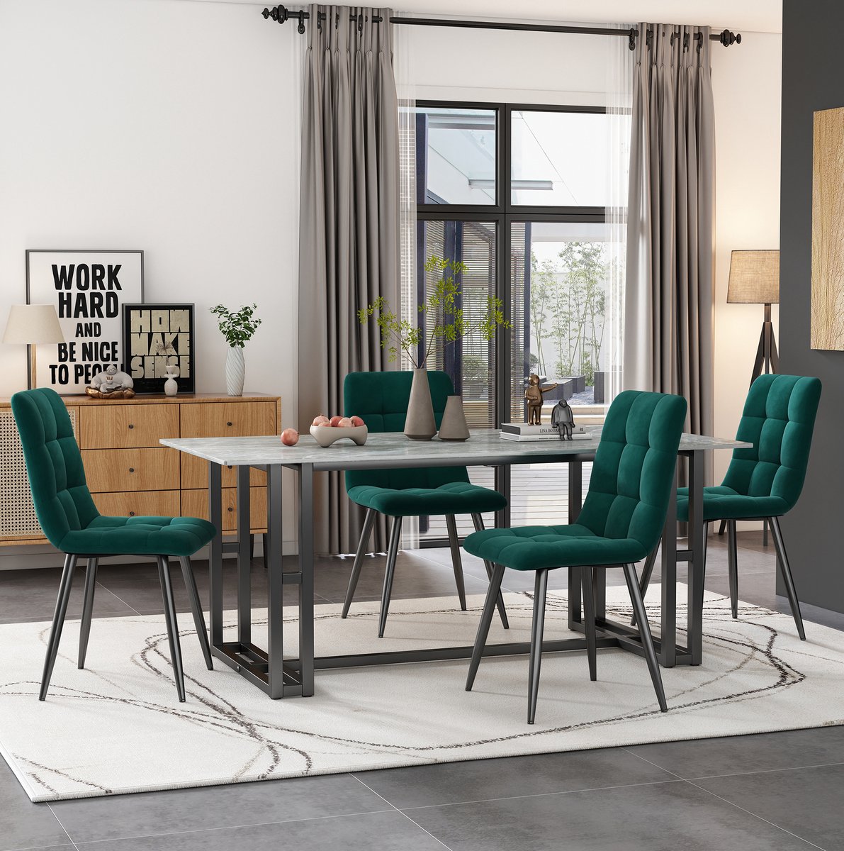 MEUNIQ eetkamerstoelen set van 4 in groen met velvet bekleding, metalen onderstel, gewatteerde zitting en rugleuning met sierstiksels voor eetkamer of keuken