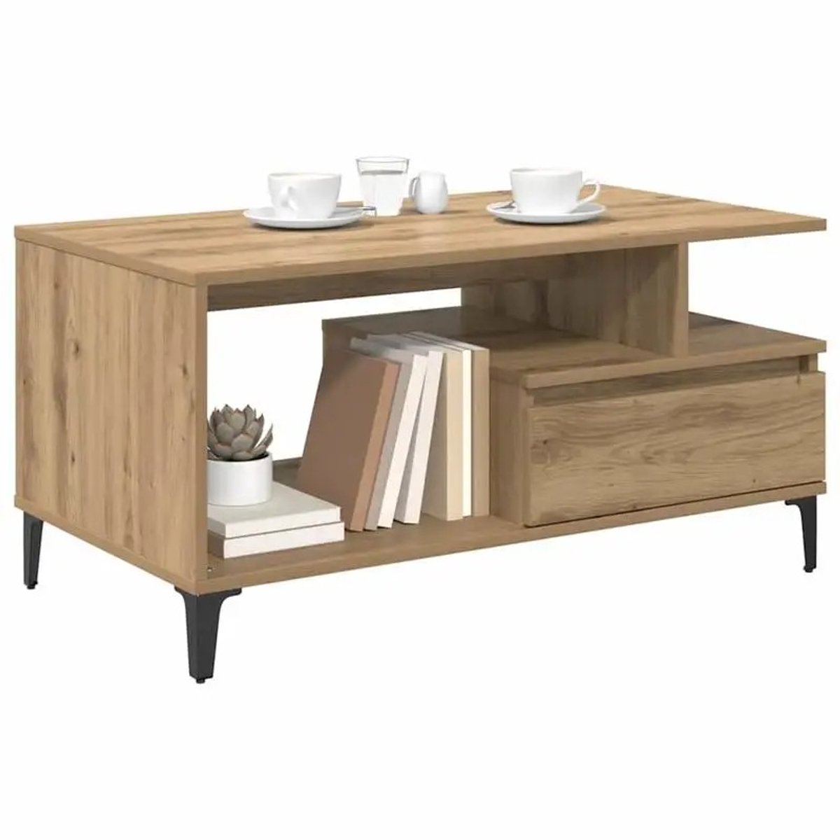 Emvae Salontafel - Salontafel met Opbergruimte - Koffietafel - Met Lade - 90 x 49 x 45 cm - Eikenkleur