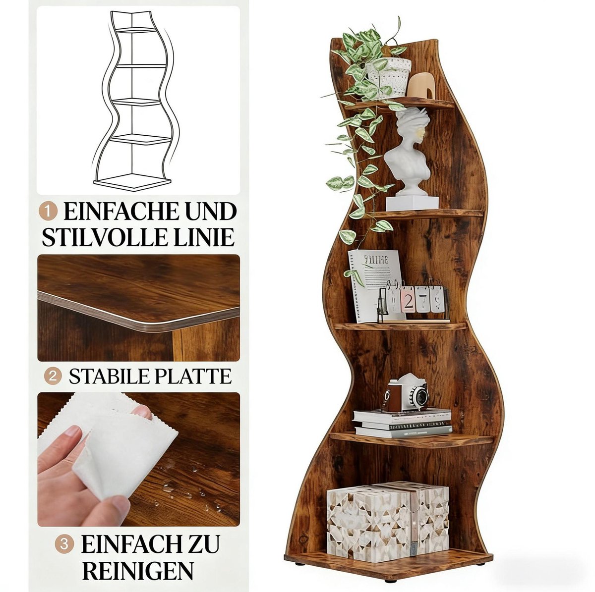 HAUSS SPOLE Boekenkast – 50 x 50 x 182,5 cm – Verstelbare Planken – Houtlook – Bruin – Hoekrek Voor Woonkamer Of Kantoor