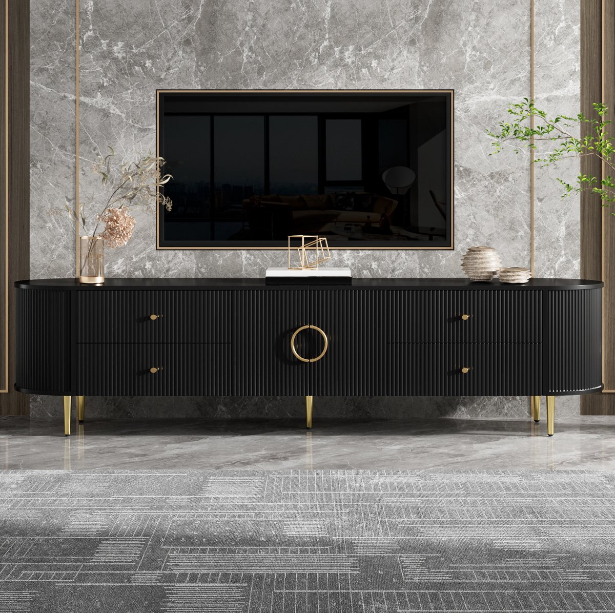 DESMIU Tv-Meubel - Driedimensionale Golfstructuur Met Lades En Dubbele Deuren - Voor Woonkamer - MDF - 180x40x38 Cm - Zwart