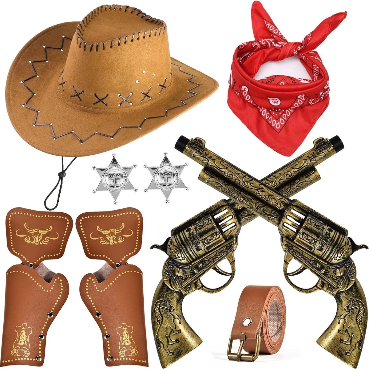 9-delige Cowboy Kostuumaccessoires voor Kinderen - Hoed, Bandana, Metalen Sheriff Badge, Gurt en Holster voor Halloween en Verkleedfeest