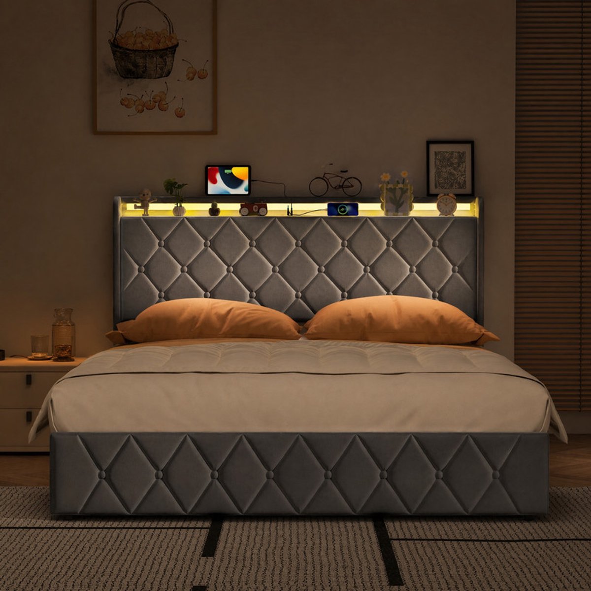 SHOPENTRA Hydraulisch Opbergbed 160x200 cm Grijs Fluweel – Tweepersoonsbed met LED Hoofdbo