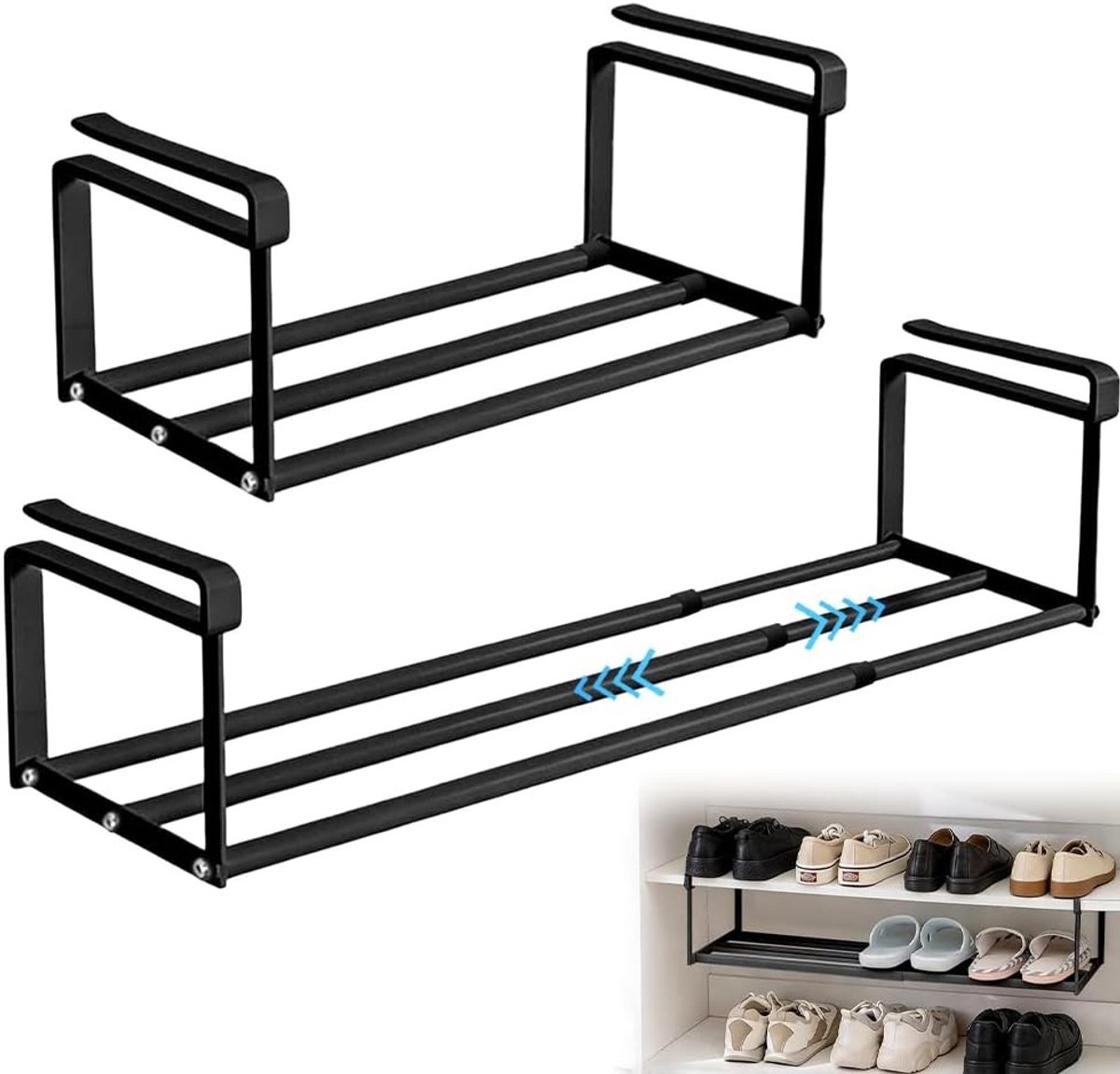 Hangend schoenenrek - Uittrekbare organizer - Kast opruimen - Verstelbare lengte - 40-70 cm - Zwart