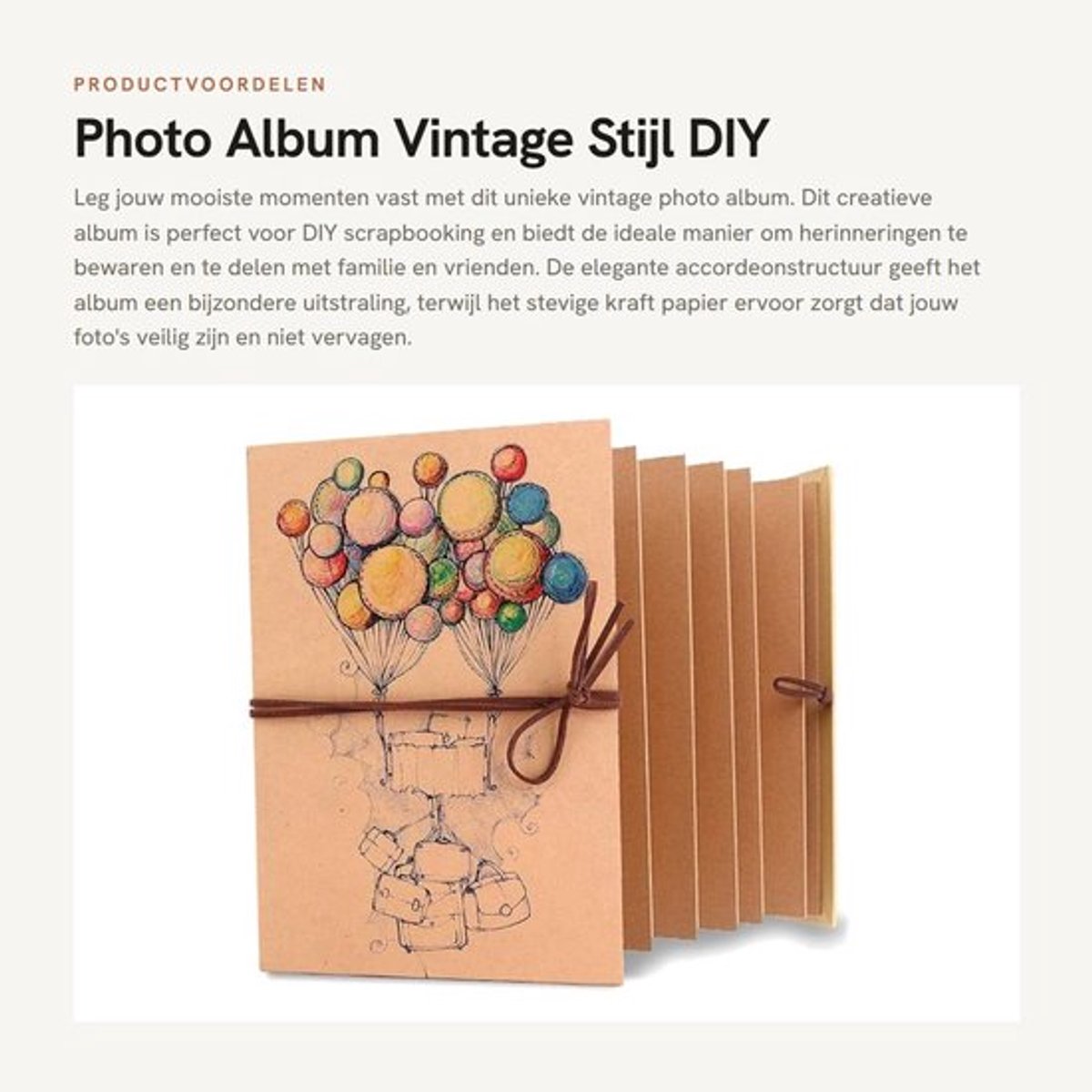 Fotoalbum Vintage Stijl - Accordion Album - 34 Papierpagina's - Geschikt voor Foto's 17.8x12.7 cm - Hard Cover - Kraft Papier - Scrapbook