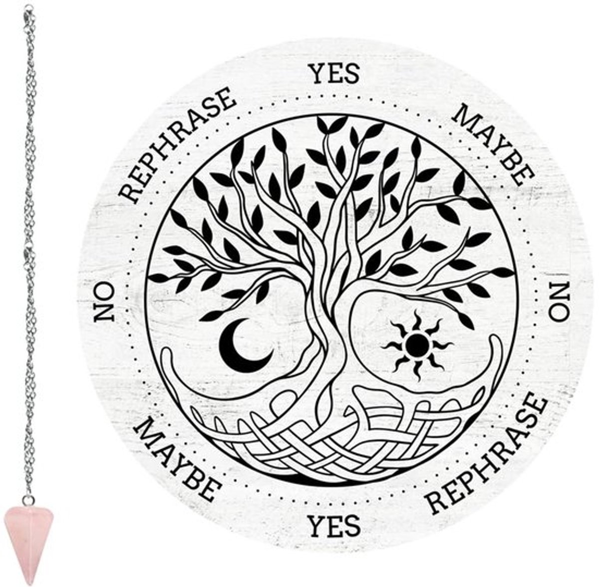 Levensboom pendelplank - Wenshengel - Houten waarzeggerij - 7,9 cm - Rozenkwarts kristal -