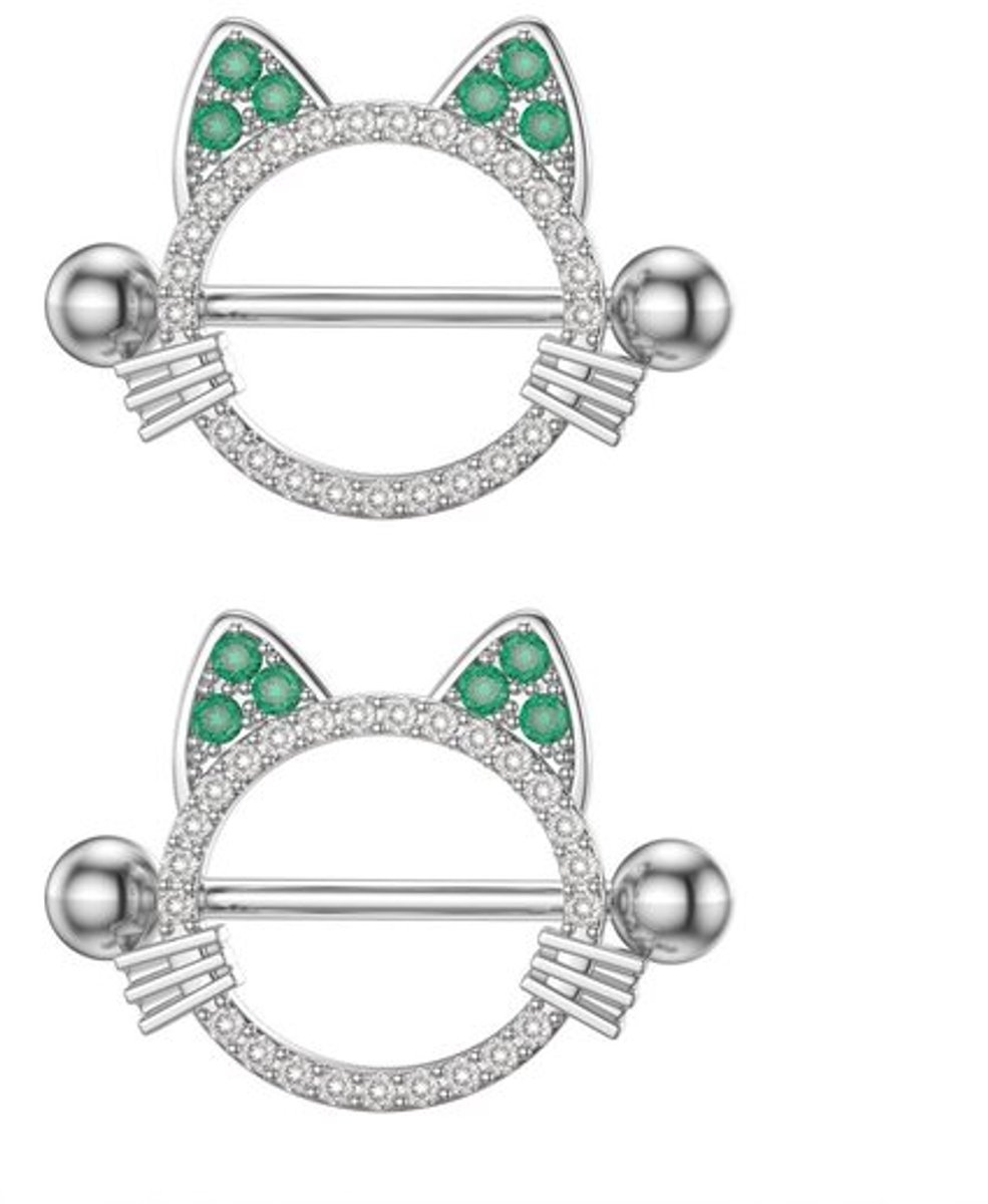 Tepelringen 14G - Hypoallergene RVS - Body Piercing Sieraden - Zirkonia/Groene Edelstenen - Kattenthema - Symmetrisch Ontwerp