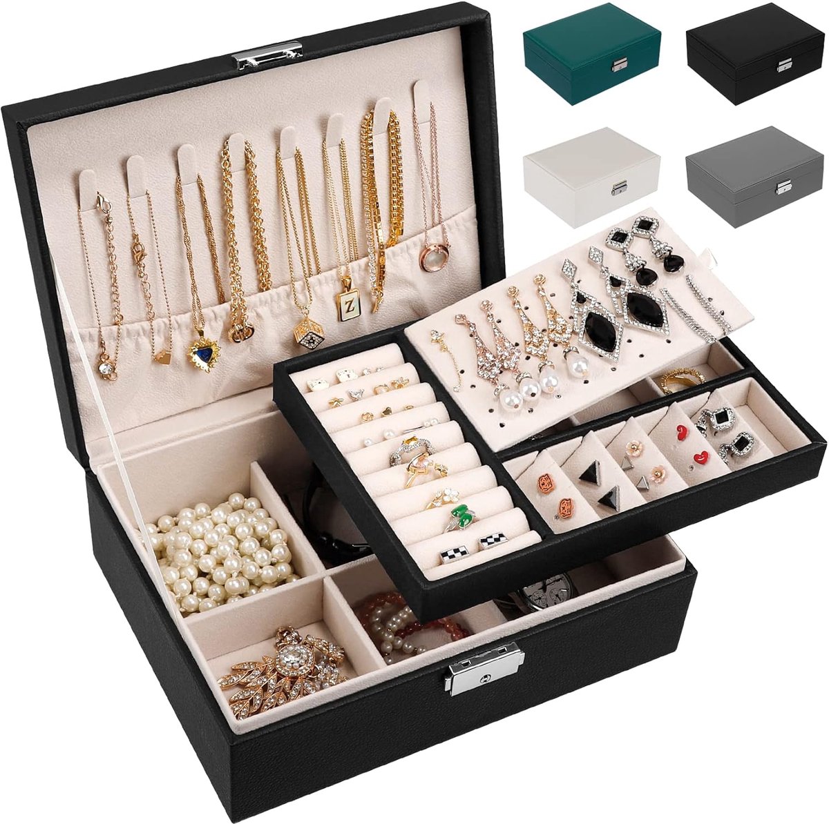 SnelShoppen - LUZOON Sieradendoos voor Dames, 2 Lagen Sieradenopslag, PU-leer, Zwart, Grote Sieradenkist voor Ringen, Oorbellen, Halskettingen, Perfec