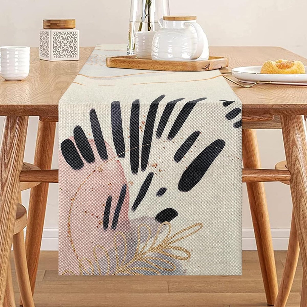 Tafelloper 40 x 140 cm - linnen - abstract boho blad - wasbaar voor binnen en buiten - ShopVlot