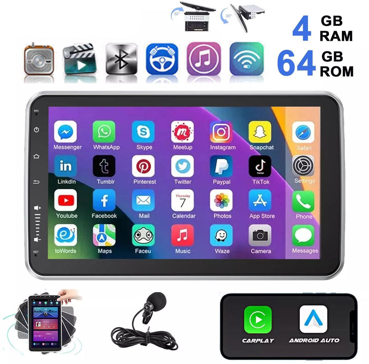 ESSGOO 360° draaibaar scherm 1DIN Autoradio - Draadloos Carplay & Andriod Auto - GPS-navigatiesystem - Android 15 - 4+64G - Microfoon - FM RDS Wifi Bluetooth