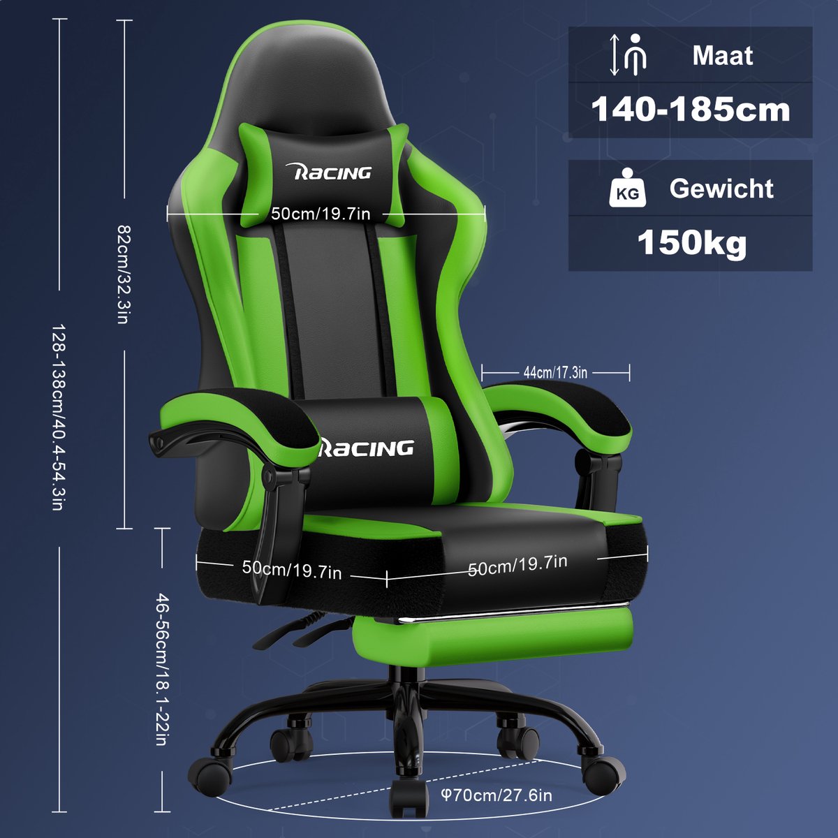 Elekiatech Gaming Stoel Model B Groente 90°-170° Rugleuning - afbeelding 2