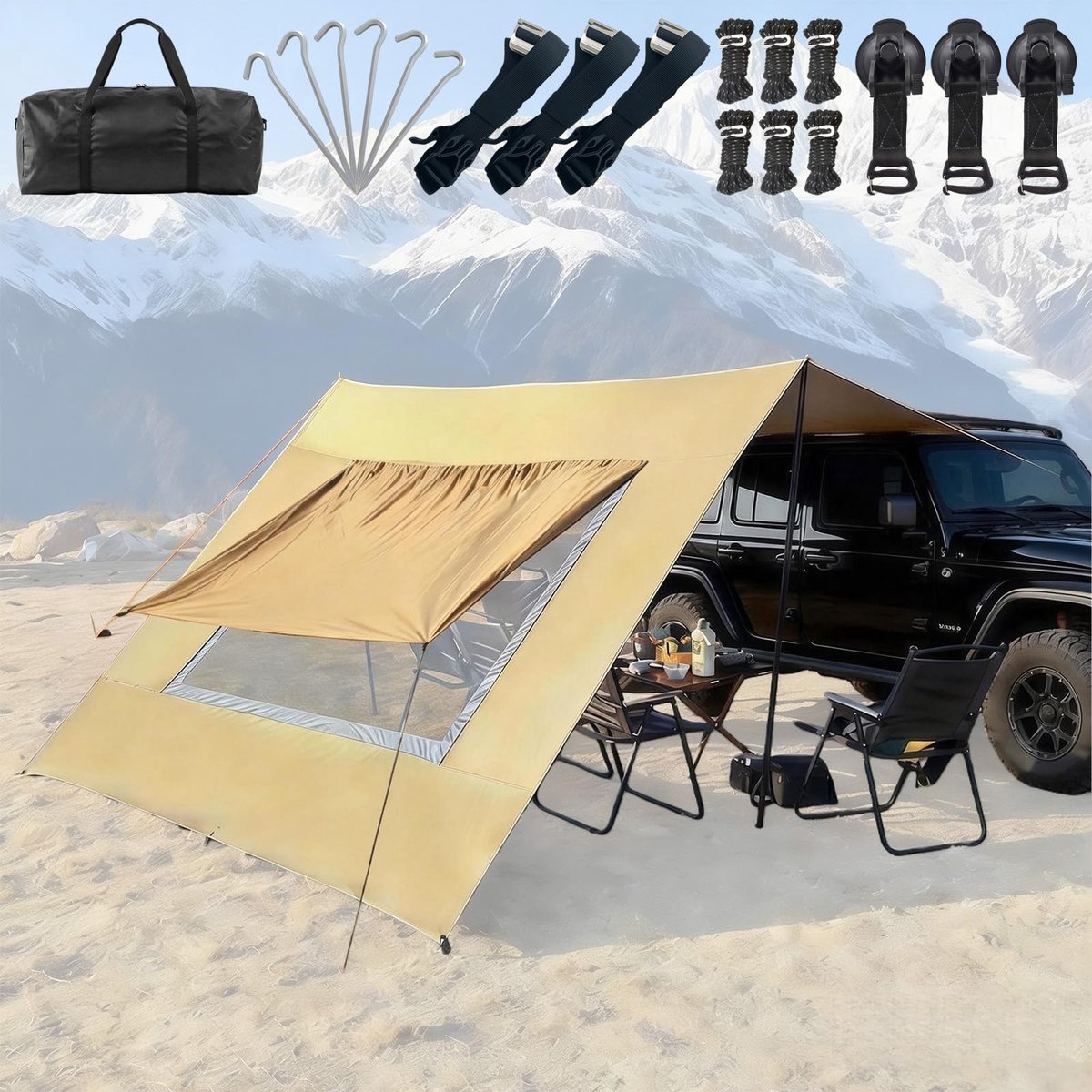 SnelShoppen - Luifel voor Camper 2.8x4.8m - Voordak voor Caravan, Kampeerbus en SUV Achterklep Tent - Waterdicht en Zonwerend Zonnescherm - Universeel